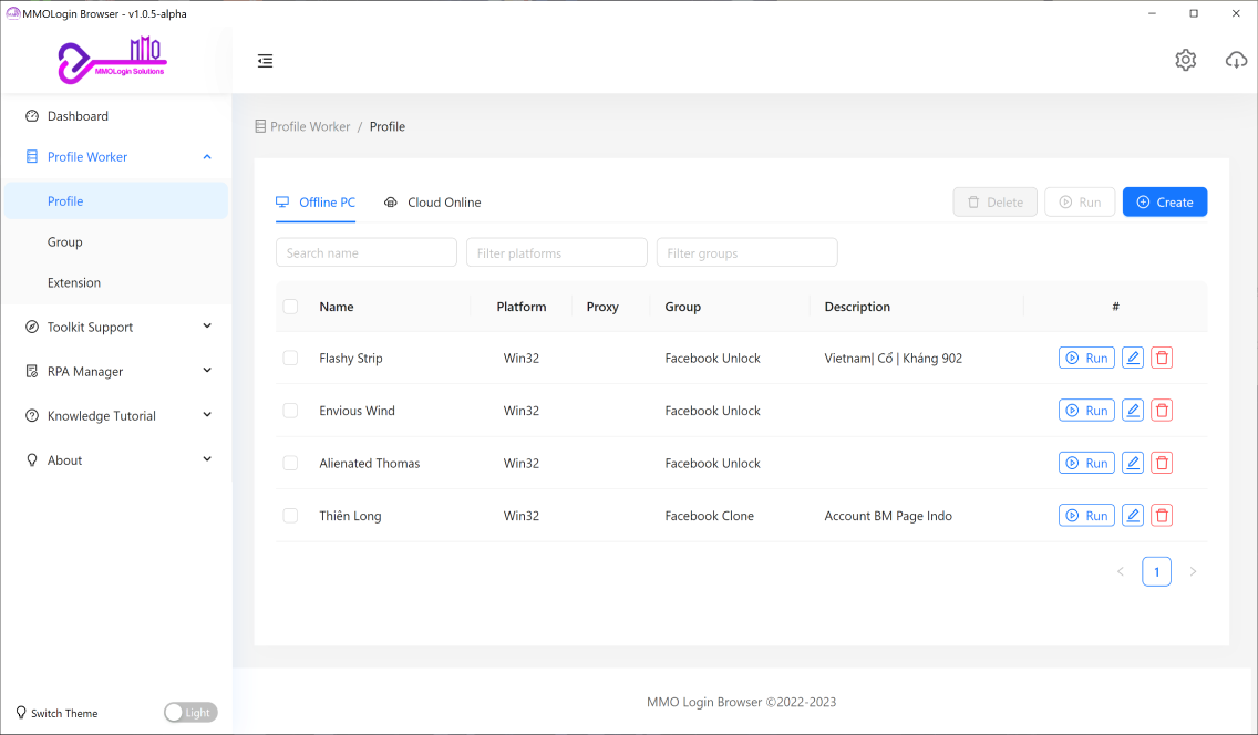 MMOLogin Browser 界面 — 多账号 profile 管理